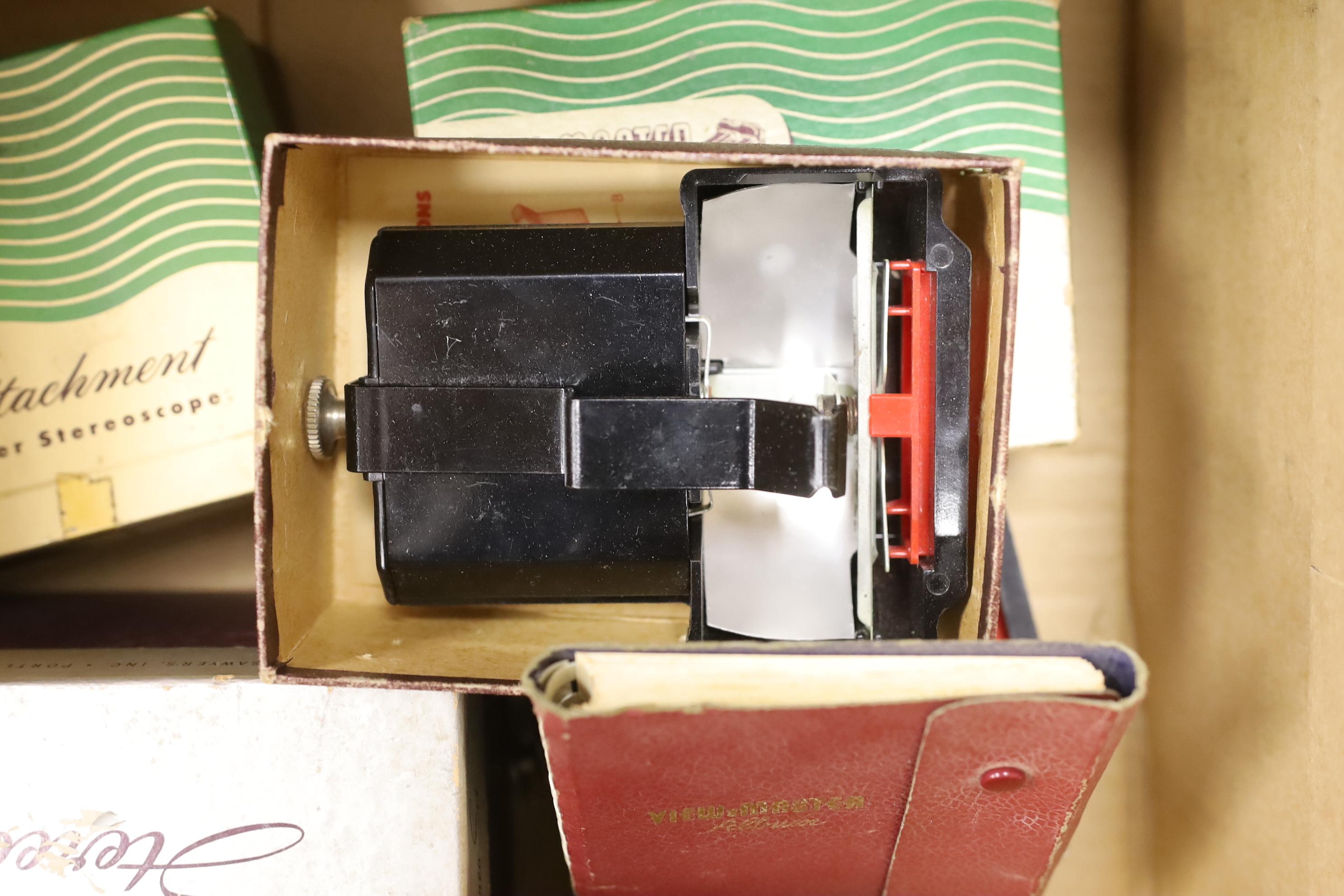A boxed View-Master model C stereo set, three light attachments with original boxes, a loose light attachment and a View-Master Album